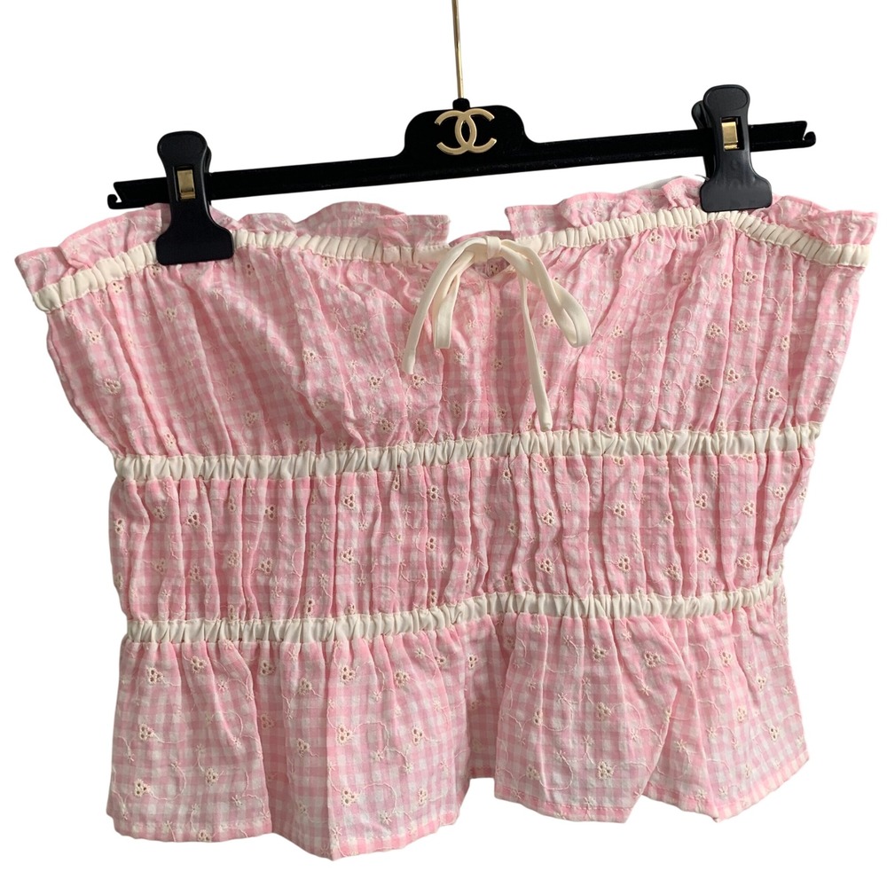 NWT All in Favor Pink Gingham Eyelet Smocked Tube Top in Size Large